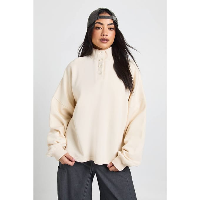 boohoo Dames Funnel Neck Henley Sweatshirt | Creme | Maat: Small