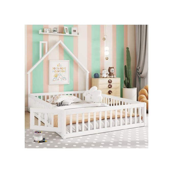 Bed - MUVOE - 140 x 200 cm - Gestoffeerd - Grenenhout - Minimalistisch - Wit wit