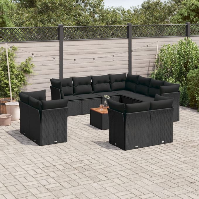 vidaXL - 12-delige - Loungeset - met - kussens - poly - rattan - zwart