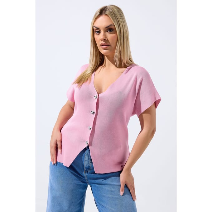 Limited Collection Roze Compacte Gebreide Top Met Korte Mouwen Size 48
