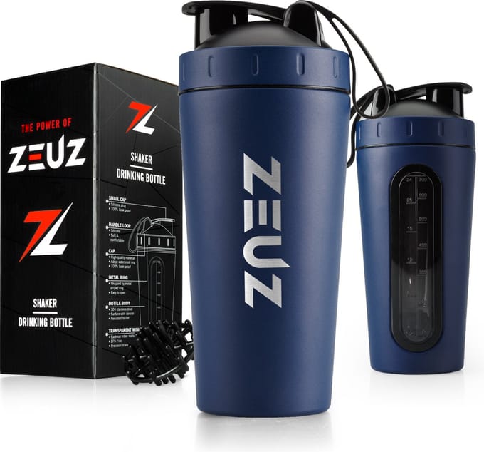 ZEUZ Premium RVS Shakebeker – Eiwit & Proteïne Shaker – Shake Beker - BPA Vrij – 700 ml - Marine Blauw