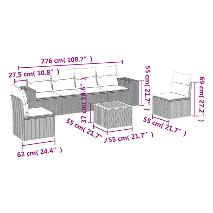 vidaXL - 7-delige - Loungeset - met - kussens - poly - rattan - grijs