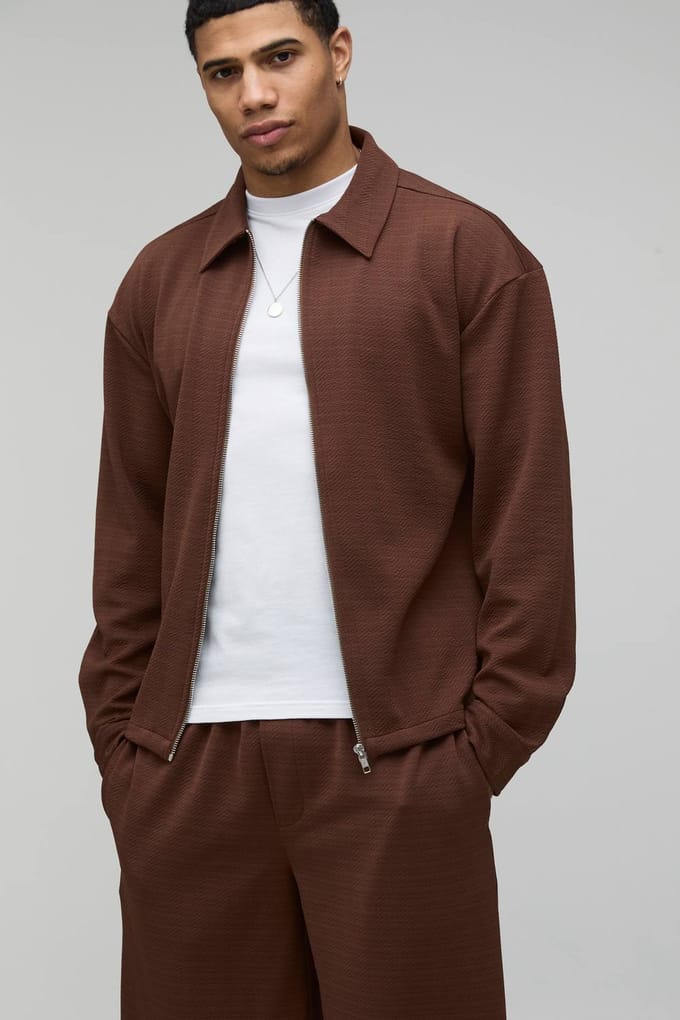 Jersey Visgraat Regular Ritssluiting Harrington & Baggy Broek Set | Brown | Size 4XL