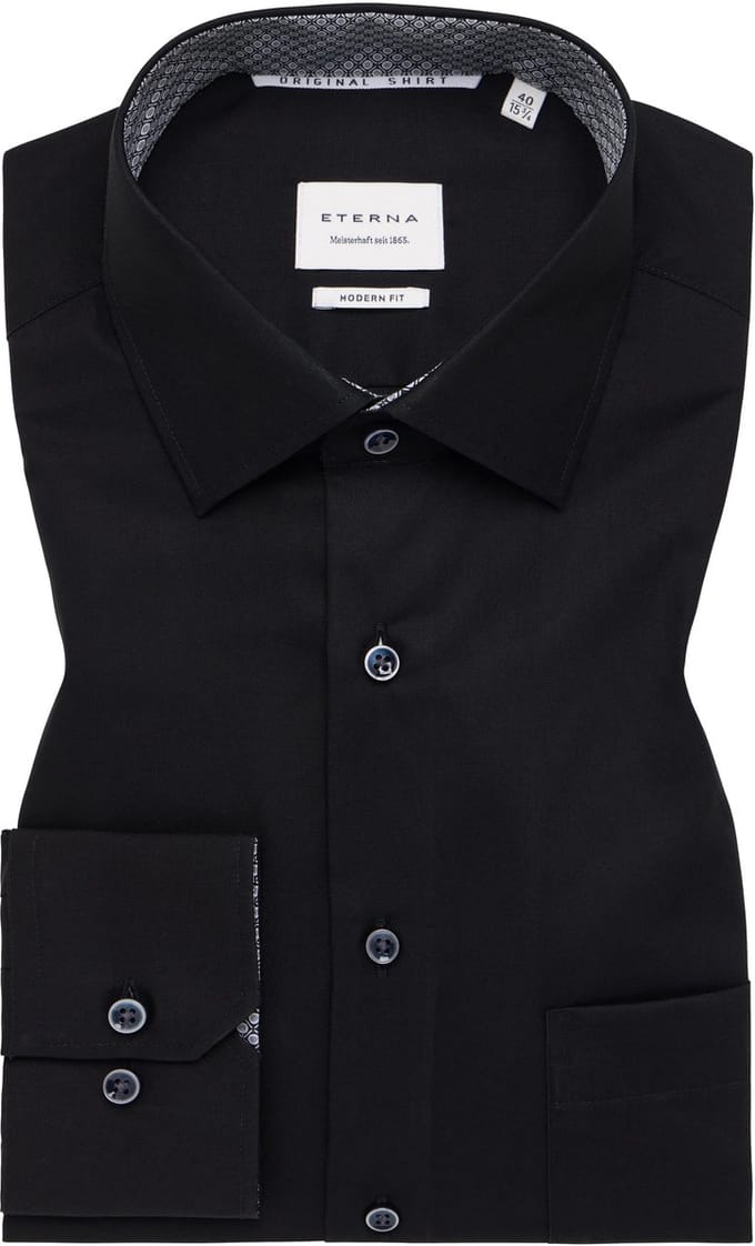 ETERNA modern fit overhemd - popeline - zwart - Strijkvrij - Boordmaat: 39