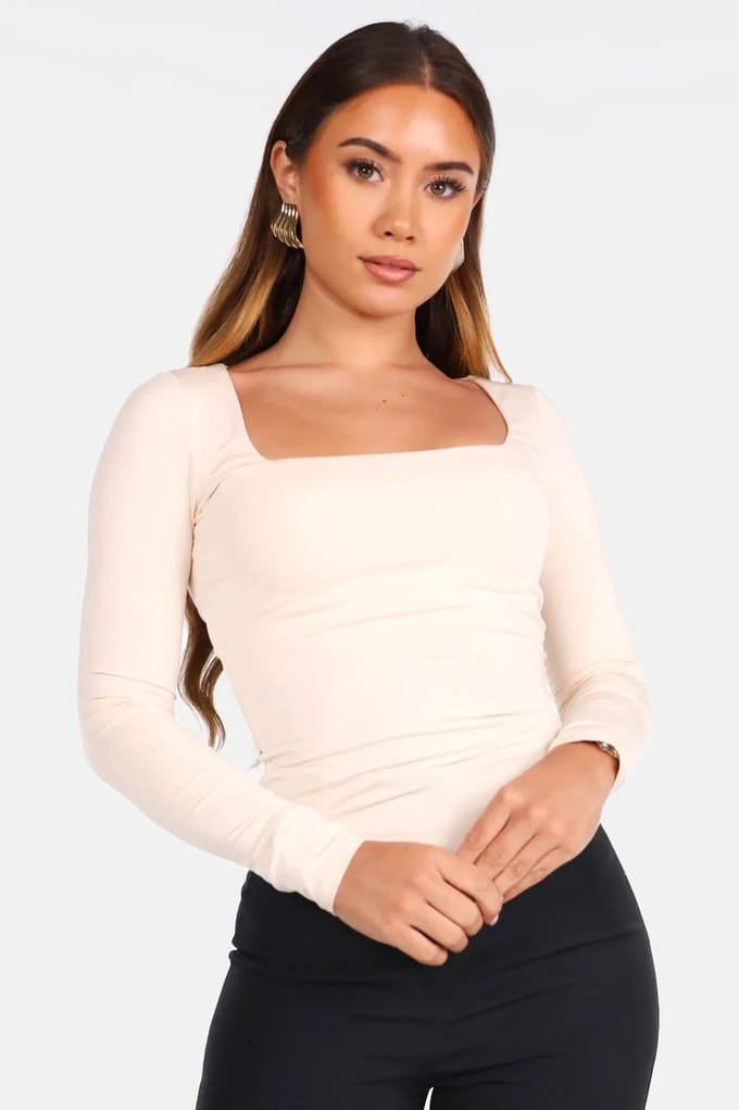 Getdrezzed Top - Maat: M - Basic shirt vierkante hals beige