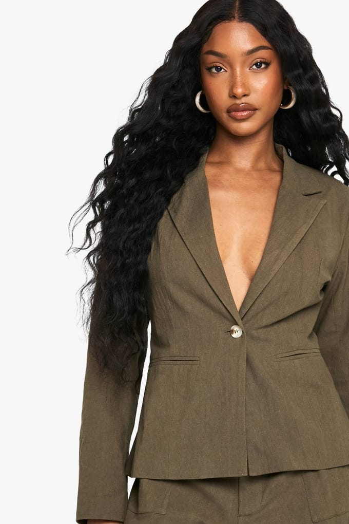 boohoo Dames Tailored Linen Look Single Breast Blazer | Kaki | Maat: 38