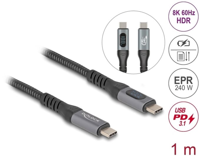 Delock USB 40 Gbps Data and Fast Charging Coaxial Cable 1 m 8K 60 Hz USB PD 3.1 Extended Power Range 240 W
