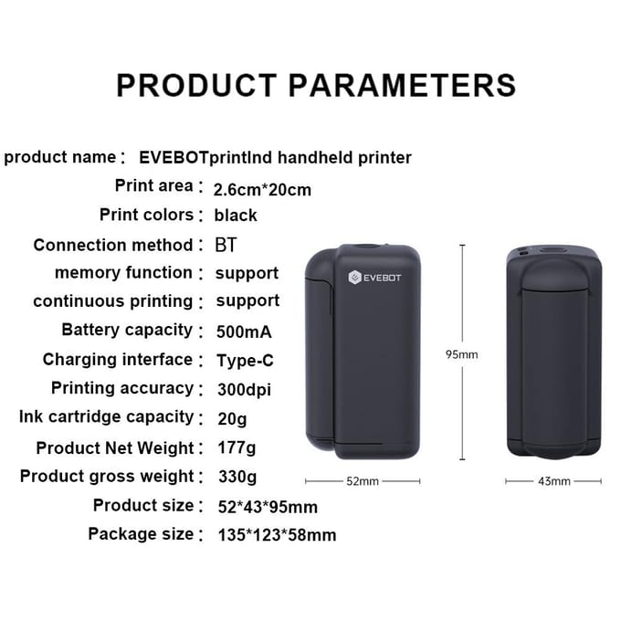 EVEBOT PrintInd Handheld Printer Mini Draagbare Inkjet Tattoo Printer met Sneldrogende Inktcartridge zwart