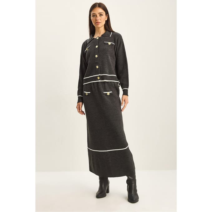 Geribbelde gebreide midi tweedelige set met knoopsluiting