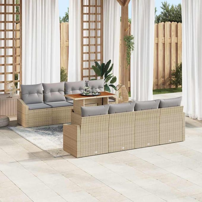 vidaXL Tuin Eettafel Set met kussen 9 pcs Beige en Grijs