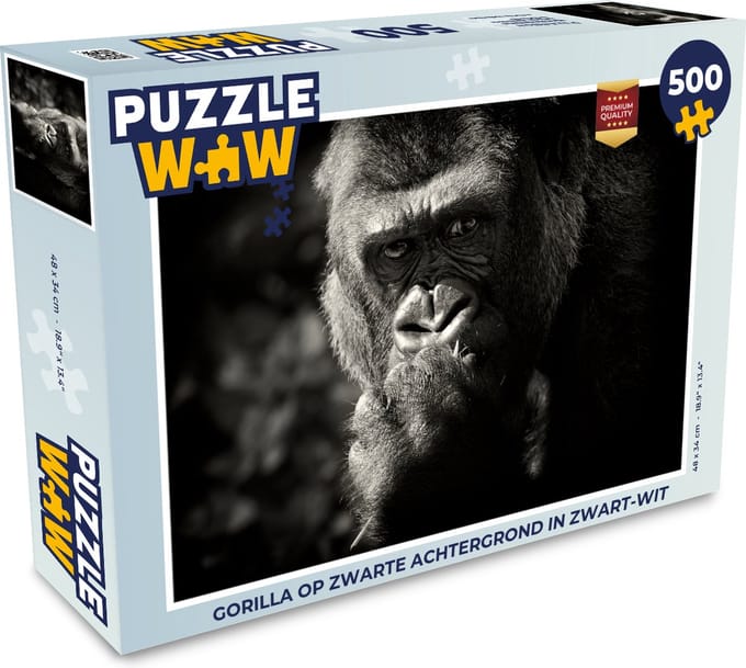 Puzzel Gorilla op zwarte achtergrond in zwart-wit - Legpuzzel - Puzzel 500 stukjes