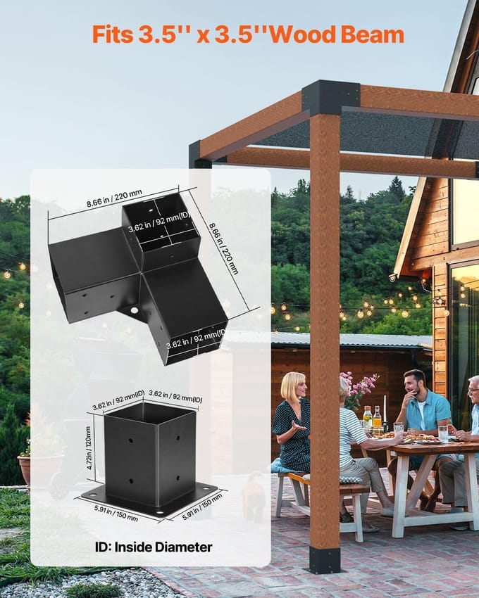 Pergola Beugel Kit, 4x4 Inch (Binnenmaat 92 x 92 mm), 4 Stuks 3-Weg Zware Hoekbeugel Houtbewerking Doe-het-zelf Paalbasis Kit, Eenvoudige Installatie Houten