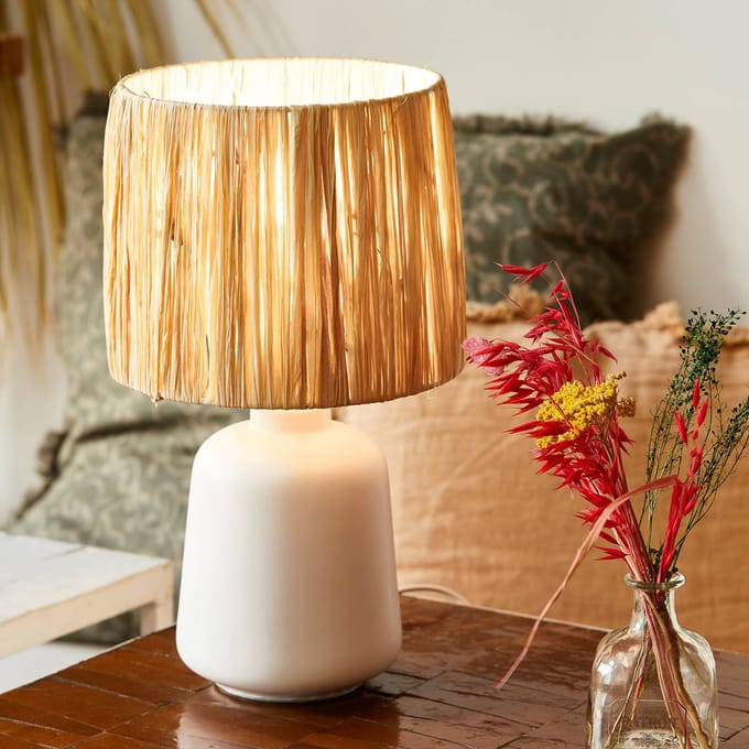 COREP Tafellamp Paros, wit/naturel, hoogte 34 cm, raffia/keramiek