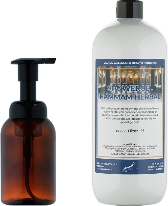 Zeepdispenser 300 ml amber bruin hervulbaar + 1 liter Showergel Hammam Herbal navulling