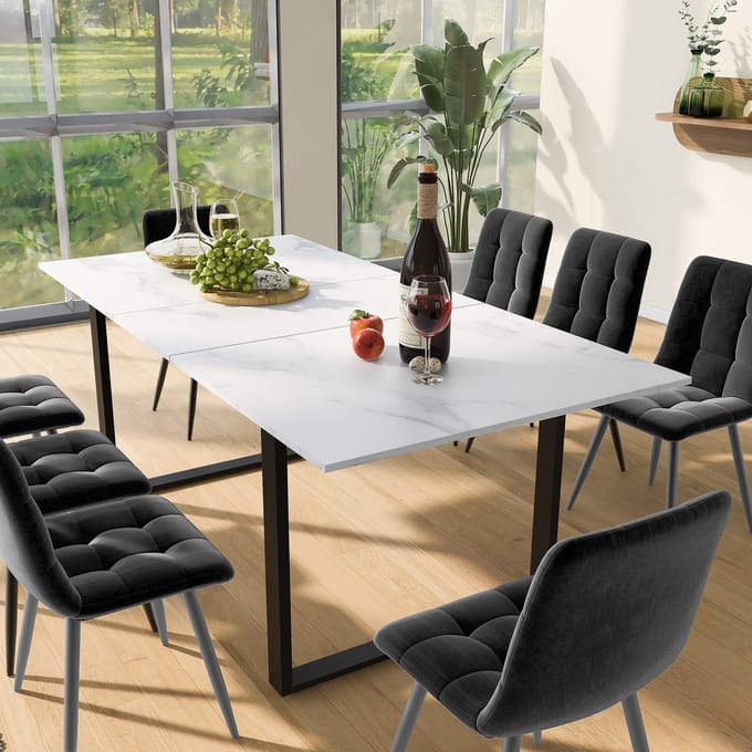 FloraGrace Eethoek 140/180x80x75 cm - Uitschuifbare Eettafel Met 8 Stoelen - MDF En Metaal - Wit En Grijs
