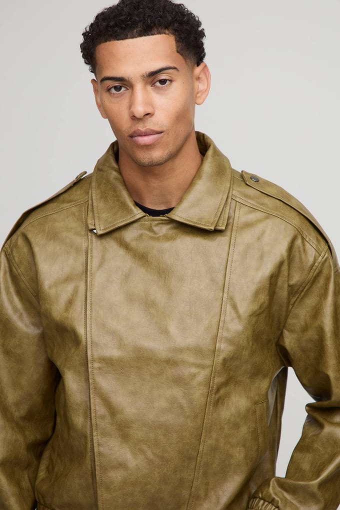Oversized Double Collared Biker Jacket | Khaki | Size Large
