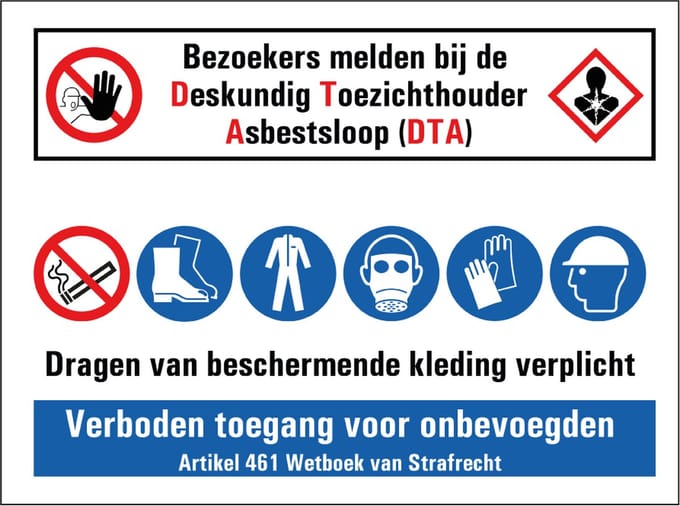 Bezoekers melden bij DTA asbestloop bouwplaats sticker 400 x 300 mm