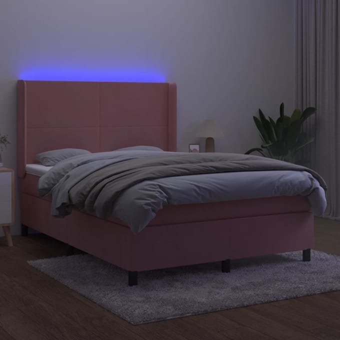 vidaXL - Boxspring - met - matras - en - LED - fluweel - roze - 140x200 - cm