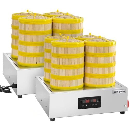 GGM Gastro (2 stuks) Stoomkoker / Dim sum-stoomkoker - elektrisch - 2,5kW - digitaal - incl. 32 bamboe stoommandjes & 8 deksels zilver
