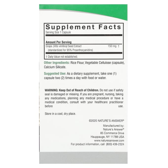 Nature'S Answer, Druivenpit, 150mg, 60 Plantaardige Capsules