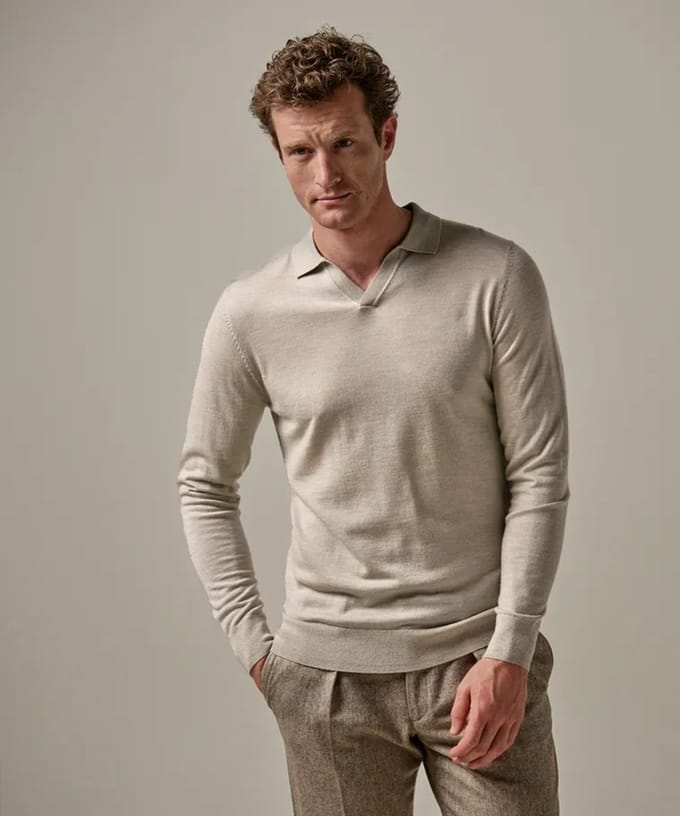 Beige merino open collar polo