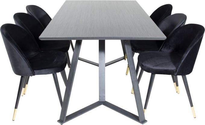 MarinaBLBL eethoek eetkamertafel zwart en 6 Velvet eetkamerstal velours zwart, messing decor.