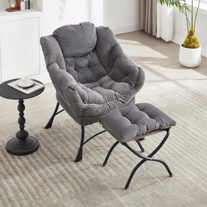 Sweiko Fauteuil - met Hocker - Hoofdsteun - Gestoffeerde stoel - Grijs
