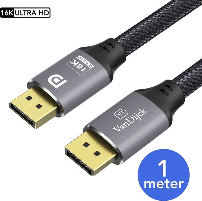 VanDijck DisplayPort 2.1 Kabel – 4K 240Hz – 8K 60Hz – 1 Meter – Grijs