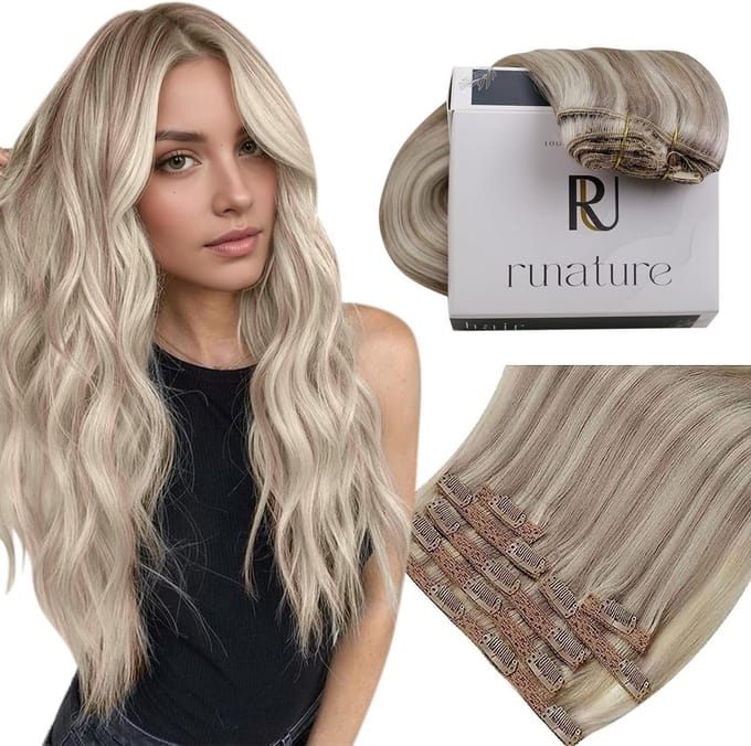 Clip-in Extensions Menselijk Haar 7 Delen Grijs Blond Highlights 18 Inch (45 cm)