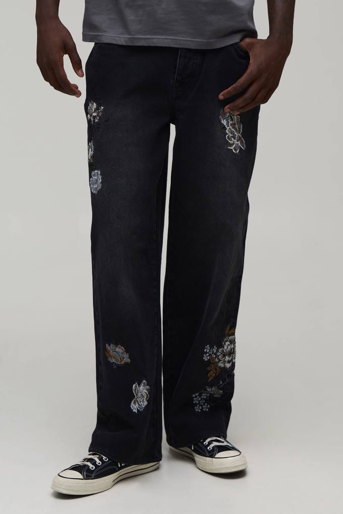Mono Bloemen Relaxed Fit Jeans | Washed Black | Size 34R