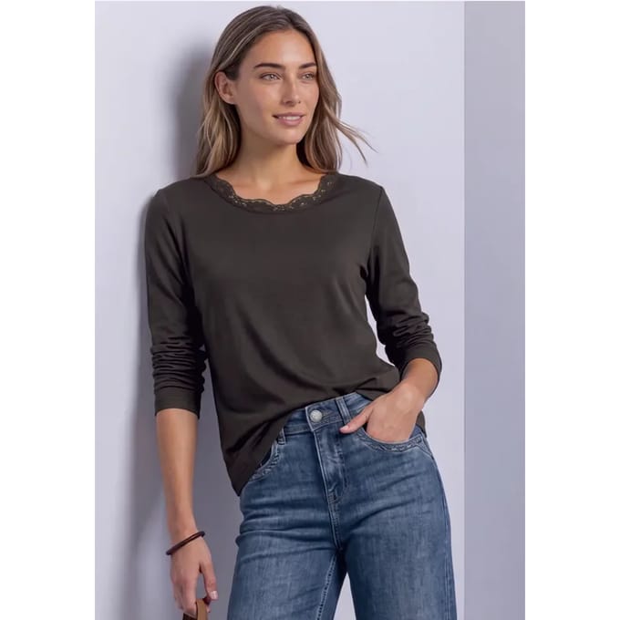 Shirt met lange mouwen, ronde hals en kant