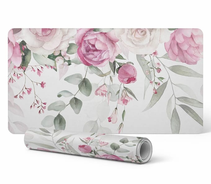 Stijlvolle vinyl computermat met pastelkleurige bloemen en bladeren, 120x60 cm