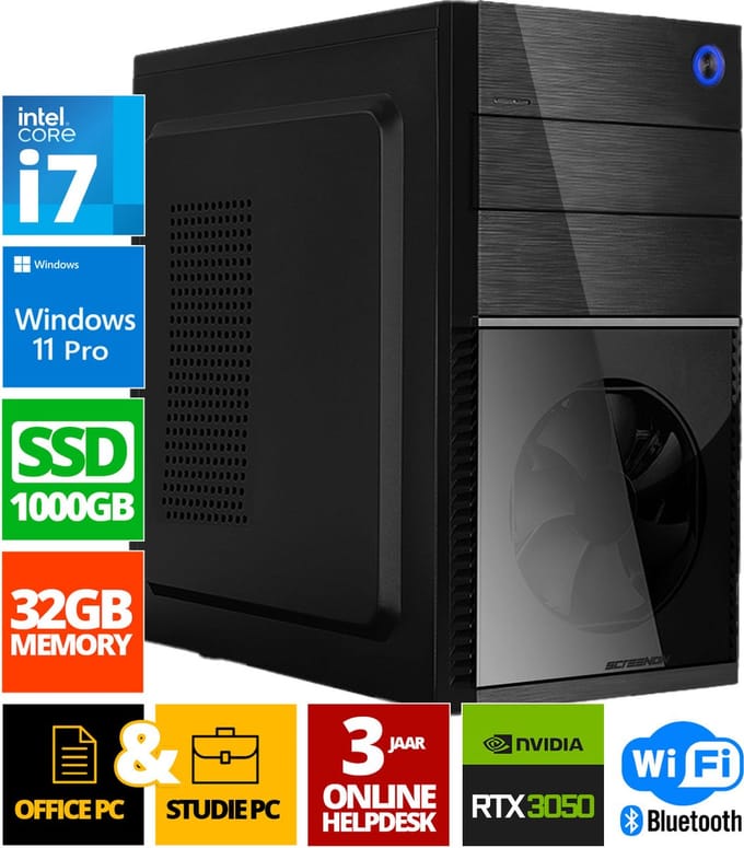 Intel Compleet PC | Intel Core i7 | 32 GB DDR4 | 1 TB SSD | RTX 3050 | Windows 11 Pro + WiFi & Bluetooth