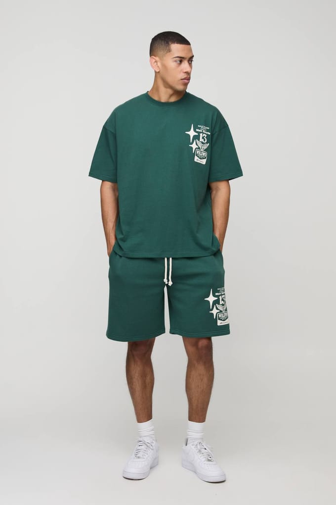 Oversized Moto Grafische T-Shirt & Short Set | Forest | Size Medium