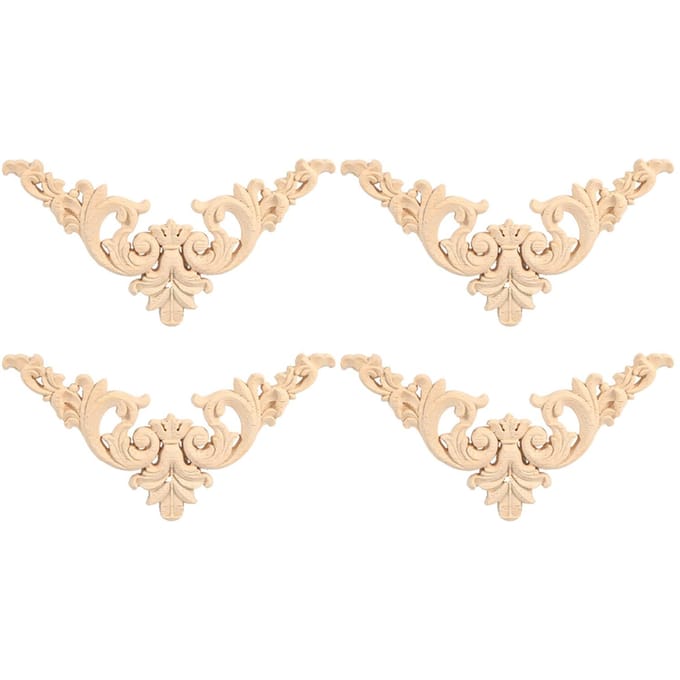 4 STUKS Rubberhout Gesneden Hoek Onlay Applique Meubel Bloemvorm Ongeschilderd 12x 12cm beige