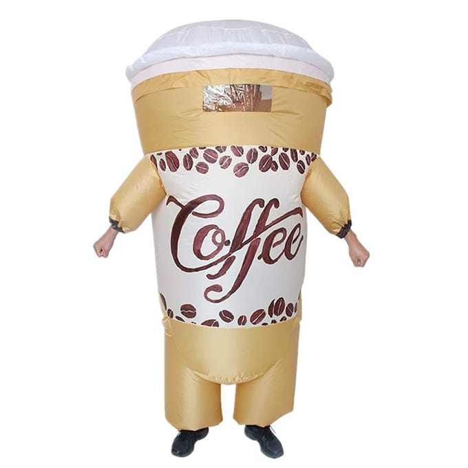 Grappig koffiekopje opblaaskostuum, volwassen 150-190cm geel