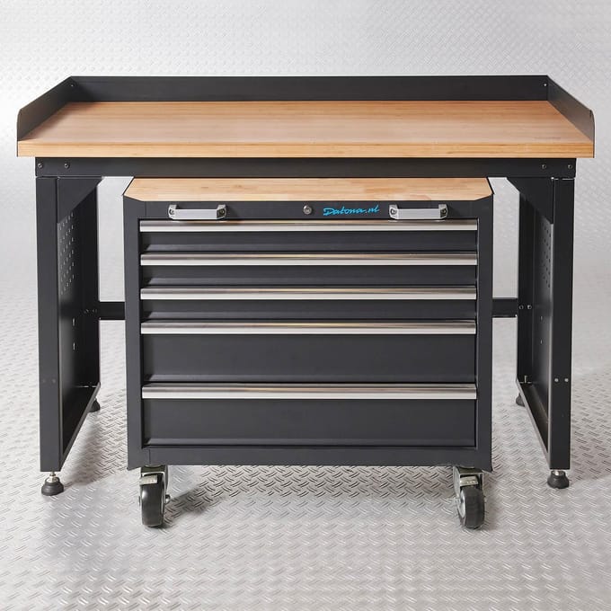 Datona® Werkbank PRO - bamboe werkblad - gereedschapswagen - 150 cm - Zwart