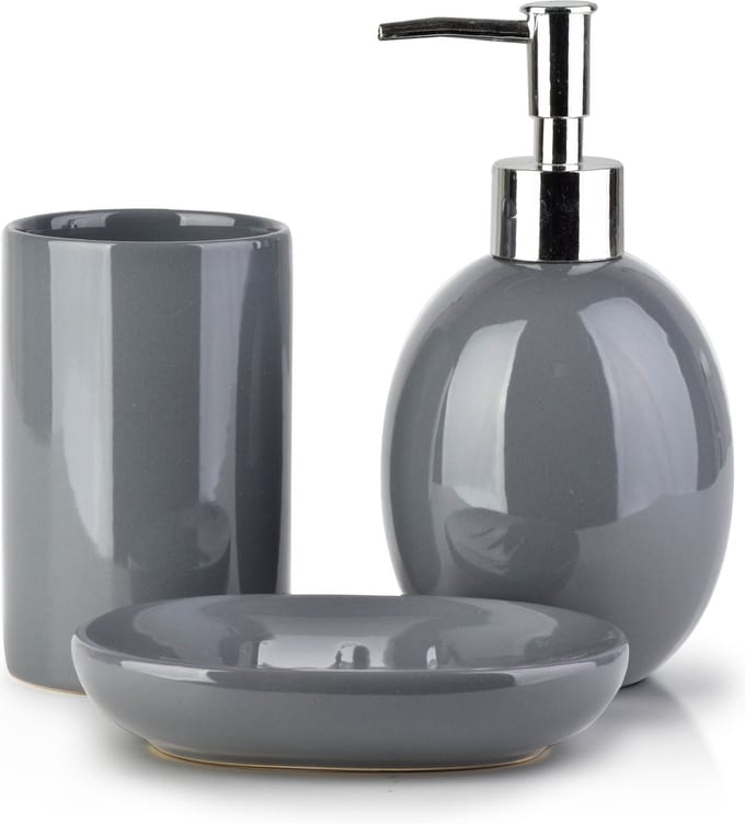 Badkameraccessoireset - Zeepdispenser, Zeephouder, Beker - Keramiek - Grijs