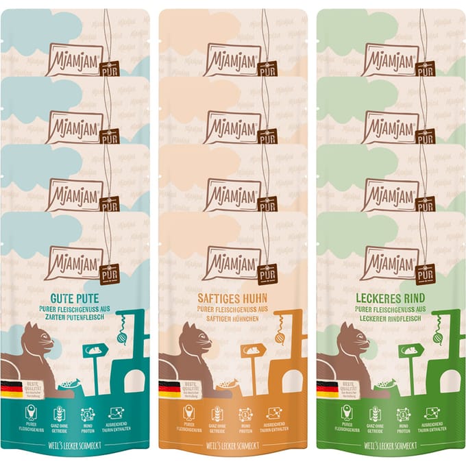 12x125g Mixpack MjAMjAM pure meat enjoyment mix (3 soorten) nat kattenvoer
