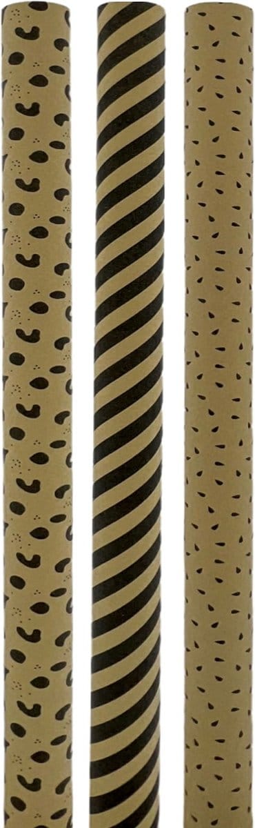 Eco Kraft Extra Sterk Geschenkpapier Cadeaupapier – Bruin en Zwart – 70 cm x 2 meter - 3 Rollen