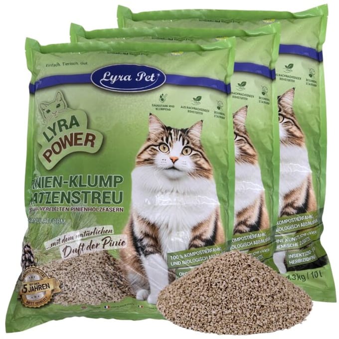 3 x 10 liter Lyra Pet® Lyra Power Pine kattenbakvulling klonterend