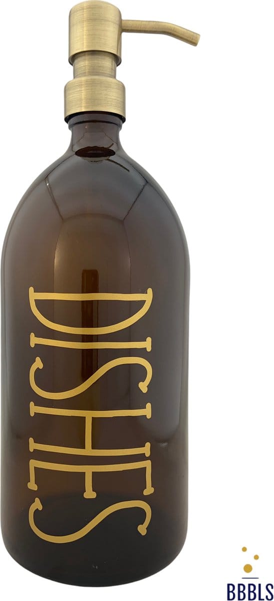 BBBLS® Design Dispenser "Dishes" | Bruin Glas | 1 liter | RVS / Metaal Pomp Goud | Zeeppomp | Zeepdispenser | Zeephouder
