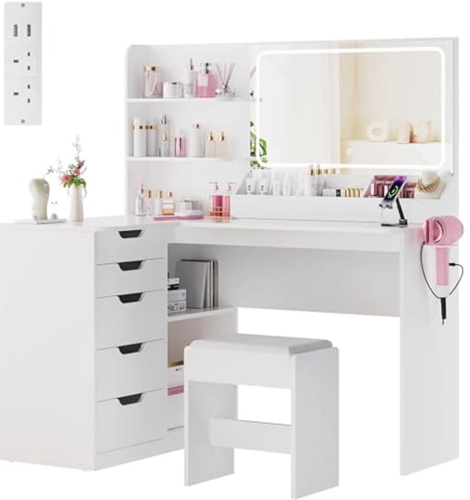 Ruime Dressing Table met Spiegel en LED Verlichting - Hoek Makeup Tafel met 5 Lades