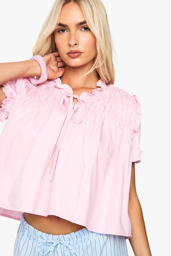 boohoo Dames Gerafelde Poplin Smock Top | Pink | Maat: 12