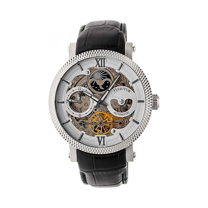Heritor Automatic Aries Skeleton leren band horloge - Zwart/Wit
