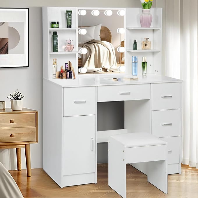 Kaptafel met LED Verlichting en Spiegel - Make-uptafel met 5 Laden