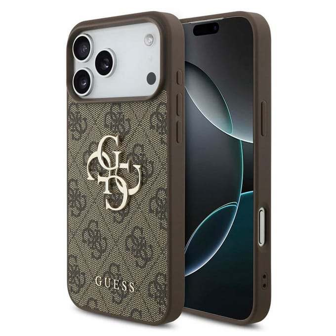Guess Back Cover - iPhone 17 Pro Max - Bruin - Big Metal Logo - TPU-rand - Verhoogde randen