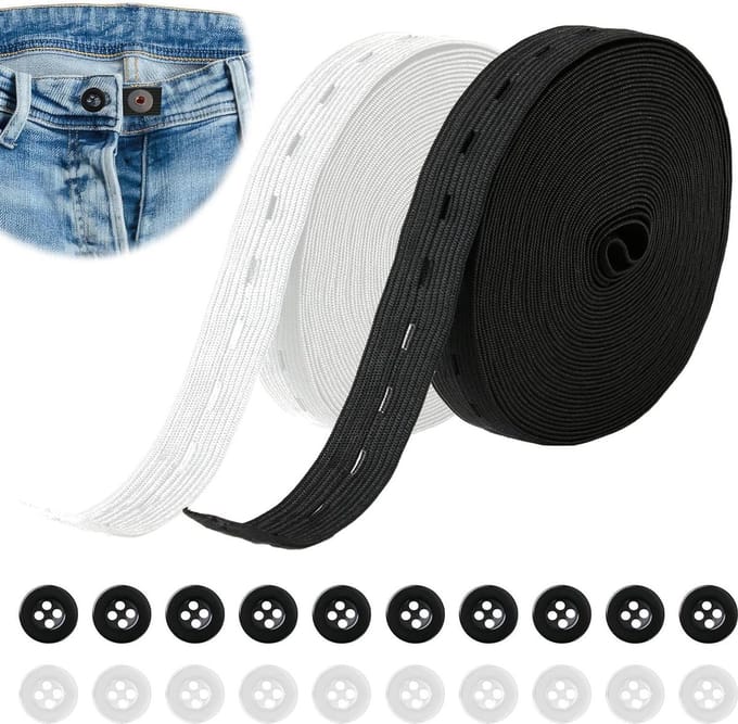 Hoogwaardig elastisch naaiset - 20 knopen van hars - 14 m elastiek - wit en zwart - voor kleding en accessoires - 20 mm breed .