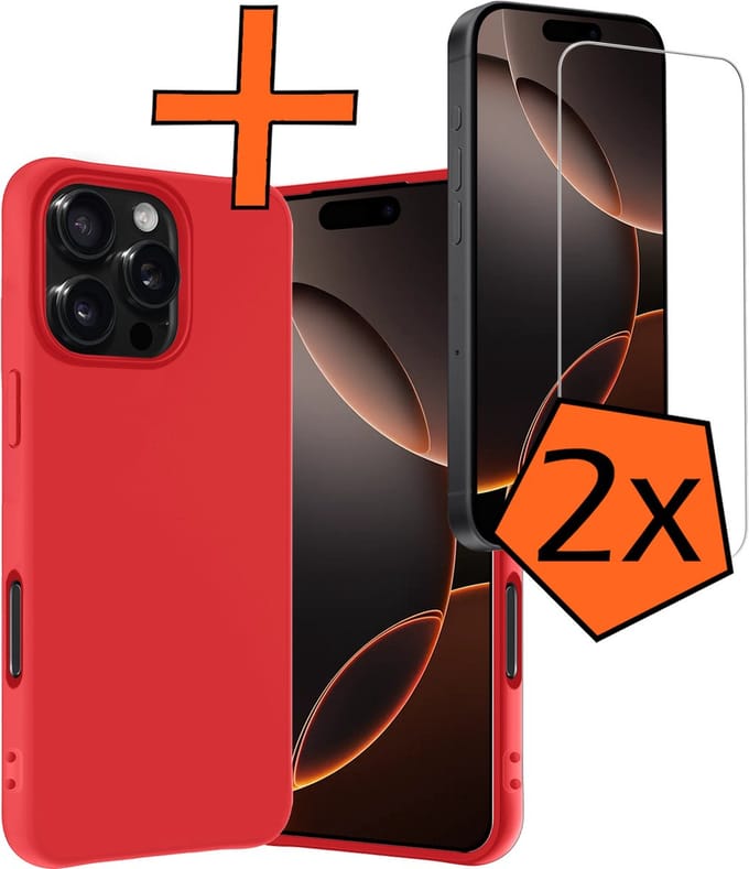 Hoes - Met 2x Screenprotector - Geschikt voor Apple iPhone 16 Pro - Sterk & Shockproof - Back Cover - Siliconen Case - Telefoon Hoes - Rood
