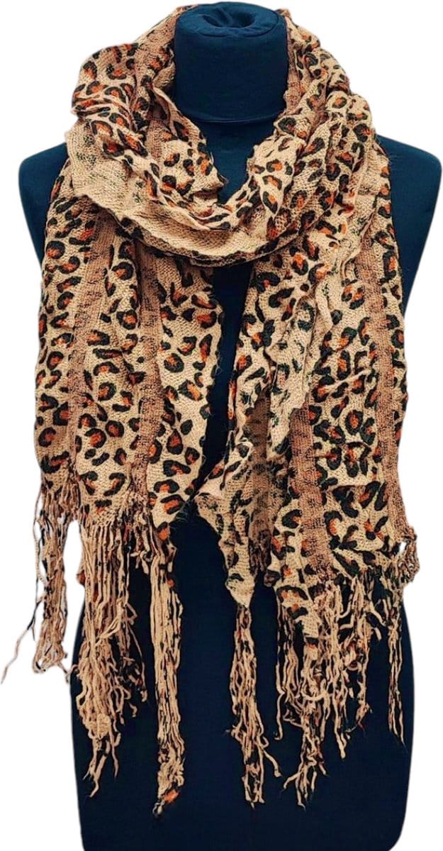 Lange Gebreide Sjaal - Panterprint - Camel - 220 x 40 cm (351)